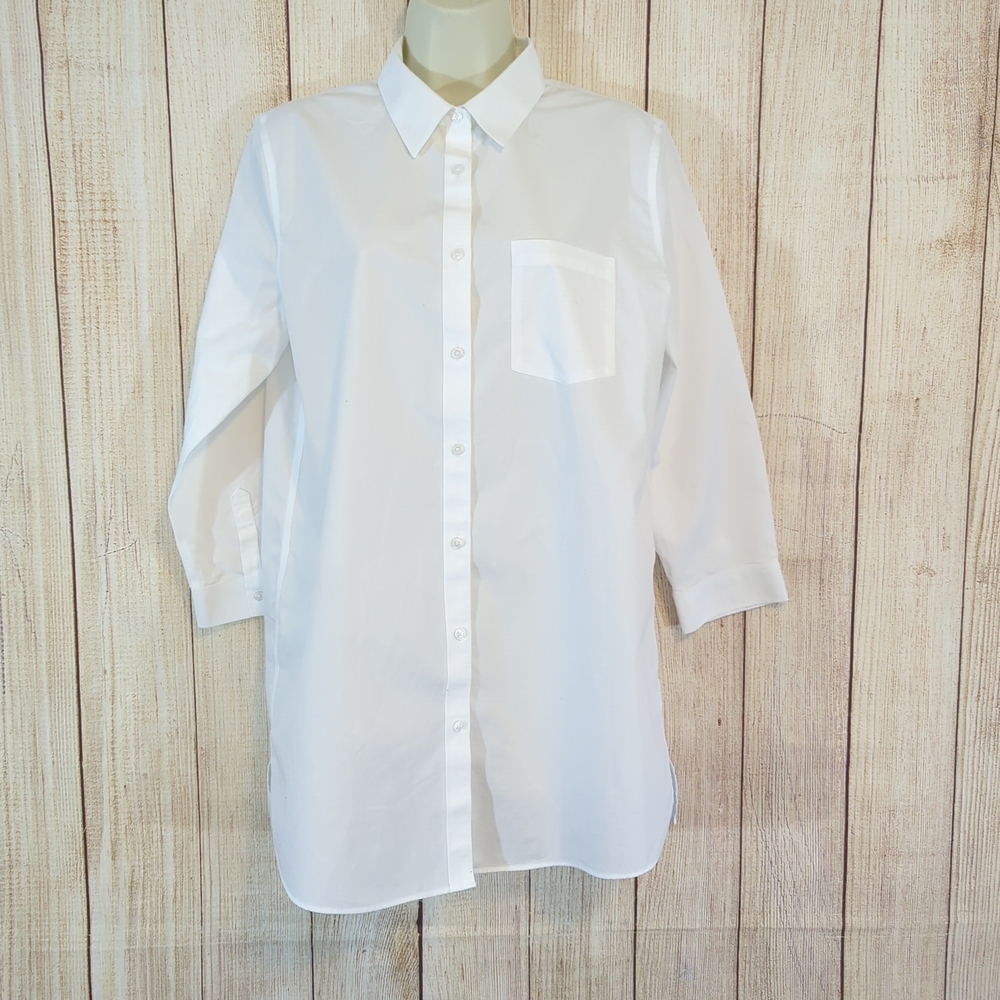 Lands End Womens  No Iron Supima Cotton Classic White Blouse Top Sz 10 Tall